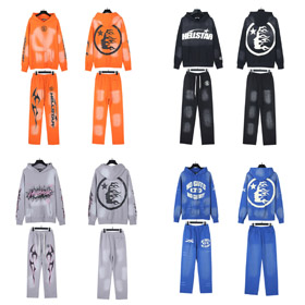 Hellstar Letter Flame Hooded Long-Sleeve Sweatshirt and Sweatpants Set-4550